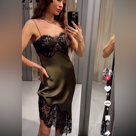 Zara Asymmetrical Satin Effect Lace Dress ZW Collection GREEN XL - Picture 7 of 10